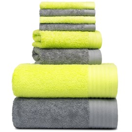 Weidemans Premium 8 Pieces Towel Set Including 2 Bath Towels 30" x 56", 2 Hand Towels 18" x 30" and 4 Washcloths 13" x 13" - Color: Dark Grey & Green | Pure Cotton |Machine Washable high Absorbency