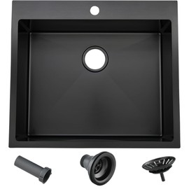 VAPSINT 25 Inch Black Drop In Kitchen Sink, 25x22 Top Mount 16 Gauge Stainless Steel Single Bowl Deep Small Kitchen Sink, Gunmetal Black RV Laundry Utility Sinks with Basket Strainer.