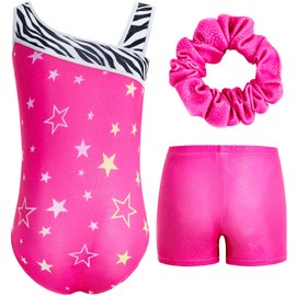 Gogokids Girls Three Piece Gymnastics Set, Y Neck Sleeveless Leotard with Shorts and Headband, Ballet Dancing Leotard Gymnastics Outfit with Blue & Purple Colour Block Design, 3-12 Years, Pink Black