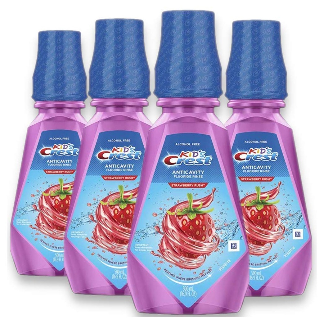 Crest Kid's Anti Cavity Alcohol Free Fluoride Rinse, Strawberry Rush, 16.9 fl oz. (Pack of 4)