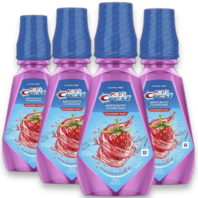 Crest Kid's Anti Cavity Alcohol Free Fluoride Rinse, Strawberry Rush, 16.9 fl oz. (Pack of 4)