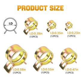 Hovom 72PCS Spring Hose Clamp Assortment Kit, 6 Sizes Fuel Line Spring Hose Clamps, Spring Band Type Clamps, Silicone Vacuum Hose Water Pipe Air Tube Low Pressure Clamps Fastener (72PCS)