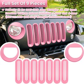 Front Grille Mesh Inserts & Headlight Cover for Jeep Wrangler JK JKU Sport Freedom Rubicon Sahara Unlimited 2007-2018 Exterior Accessories Clip-in Grille Guard Headlight Bezels Trim (Matte Pink)