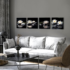Zen Floral Wall Art Black and White Wall Decor Meditation Living Room Nature Flowers Landscape Pictures Canvas Prints Zen Water Stone Paintings Spa Spiritual Artwork for Bedroom Decoration 12x12" 4Pcs