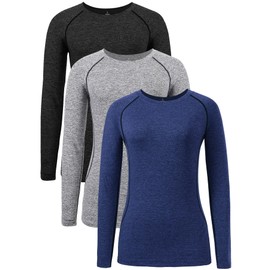 Star Vibe Dry Fit Long Sleeve Tshirt for Women Moisture Wicking Long Sleeve Tee Outdoor Compression Running Workout Tops 3 Pack Black/Grey/Navy S