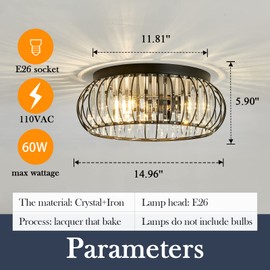 YYJLX 3 Light Flush Mount Ceiling Light Fixtures Modern Crystal Chandelier Black E26 Indoor Lighting for Hallway Bedroom Bathroom Foyer Living Room Dining Room Kitchen.