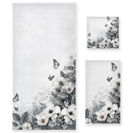 Bath Towel Sets for Bathroom Hand Towels Fingertip Towels Black White Flowers Decorative Soft Cotton 3 Piece Absorbent