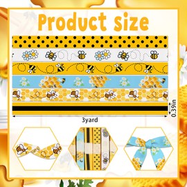 Glodecart 6 Rolls Spring Bee Ribbon for Wrapping Gifts, Honeycomb Bee Ribbon for Gift Wrapping Bee Festival Party Decoration DIY 3/8" X 30 Yards Yellow Stripes Dots Honey Bee Ribbon for Party Supplies