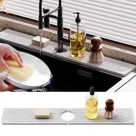 Slow Slog Quick Dry Sink Splash Guard, Instant Dry Stone Sink Tray around Faucet, Extended 23.6" Faucet Mat for Kitchen Sink, Diatomaceous Earth Sink Faucet Mat for Countertop Kitchen Bathroom, White