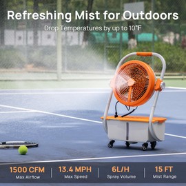 TURBRO Cordless Misting Fan with 11L Tank, High Pressure Spray Nozzles, 15ft Mist Range, Up to 50 Hours Run Time with Rechargeable Battery, 360° Swivel Wheels, Ideal for Patio, Pool and Outdoor Use