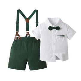 Conjunto de trajes de caballero para bebés y niños, camisa infantil, pantalones cortos, corbata de moño y tirantes, blanco, verde (Green + White), 18-24 Meses