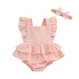 MERSARIPHY Newborn Baby Girl Summer Outfit Linen Ruffle Bubble Romper Dress One Piece Bodysuit Jumpsuit Infant Summer Clothes (Pink, 3-6 Months)