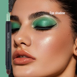 Metallic Dual-Ended Green Eyeshadow Stick - Cream Shimmer & Glitter, Waterproof, Long-Lasting Formula with Brush for Women's Eye Makeup - Eyeshadow Pencil