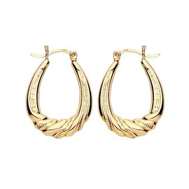 9ct Yellow Gold on Silver Oval Patterned Creole Hoop Earrings