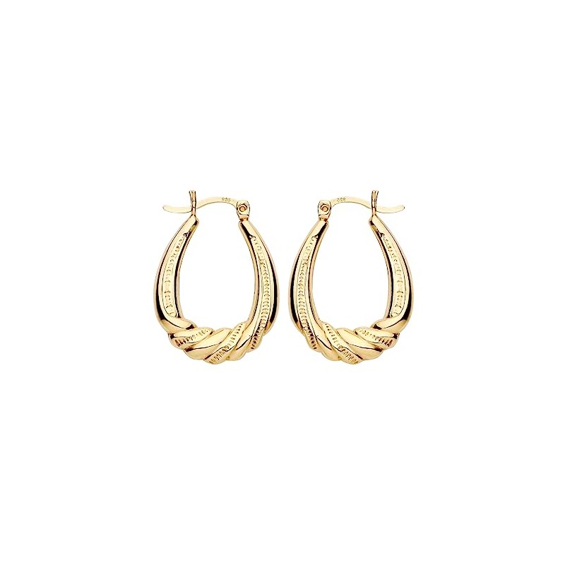 9ct Yellow Gold on Silver Oval Patterned Creole Hoop Earrings