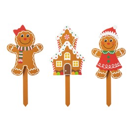 Glitzhome 15" H Wooden Happiness Gingerbread Man Christmas Yard Stakes,Smile Gingerbread Boy Girl and Biscuit House Lawn Sign for Xmas Winter Pathway Holiday Party Yard Decor,Set of 3