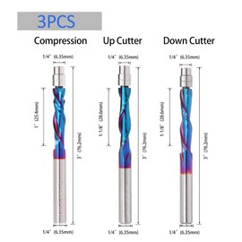 Trvoxviq 3PCS Spiral Flush Trim Router Bit Set ,1/4 Inch Shank , with Nano Coated ,for Wood Trimming,Set of 1pcs Up Down Compression Router Bit+ 1pcs Downcut Bits+1pcs Up Cut Bits