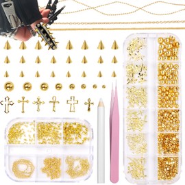 Gold Cross Nail Charms Nail Art Spike Metal Studs, Gold Pearls Chain Flatback Pearls for Crafting, Mixed Sizes Cross Rivet Spike Balls Pearl for Nails DIY Crafts Accessories