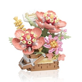 LEIMEND 1 Piece Flower Building Blocks Set Clamp Building Blocks Bouquet Simulated Flowers Building Block Set with Basket Girls Pink Flowers Building Blocks Room Decoration Home Decoration Gifts