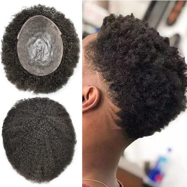 LYRICAL HAIR Afro Curly Toupee for Black Men 8X10 Full Poly African American Human Hair Systems All Injected PU Hairpiece Replacement Super Durable Skin Kinky Curly Wigs (8MM Afro Wave, 1B# Natural Black/Off Black)