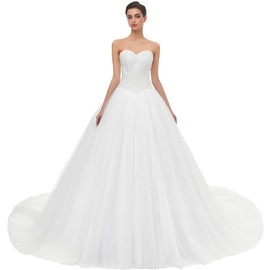 Likedpage Women's Sweetheart Tulle A-line Wedding Dresses for Bride with Train Ivory US10