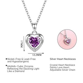 Silver Necklaces for Women Crystal Love Heart Pendant Necklace, Adjustable Necklace Jewellery for Her Wife Mom Girlfriend Birthday (Purple)