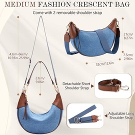 VX VONXURY Women's Small Crossbody Crescent Moon Hobo Bag Elegant Shoulder Bag with Removable Shoulder Strap and Zip Handbag for Girls, Blue-denim