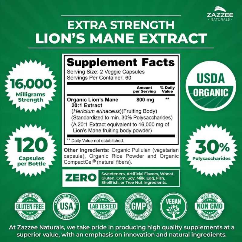 USDA Organic Lion's Mane 20:1 Extract, 16,000 mg Strength, 120