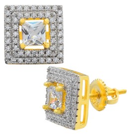 Real Solid 925 Sterling Silver 14k Gold -Square Baguette Kite Earrings - Iced CZ 10mm (3/8") Earrings Screw Backs - Flooded Out Aretes