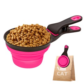 PNEUICALLY Collapsible Silicone Dog Food Scoop Foldable Pet Food Measuring Cup with Bag Clip 3 in 1 Multi-Function Silicone Dog Food Scooper (Rose Red, Medium)
