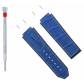 Ewatchparts 24mm Leather Watch Band Strap Compatible With 44mm Hublot Big Bang Blue With White Stitching Includes 4 Screws and Screw Driver