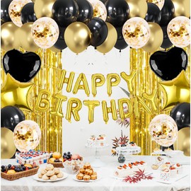 HOPULARITY Black Gold Birthday Party Decorations - Sweet 16 21st Women Girls Happy Birthday Banner, Fringe Curtains, Heart Star Foil Confetti Balloons Backdrop Supplies