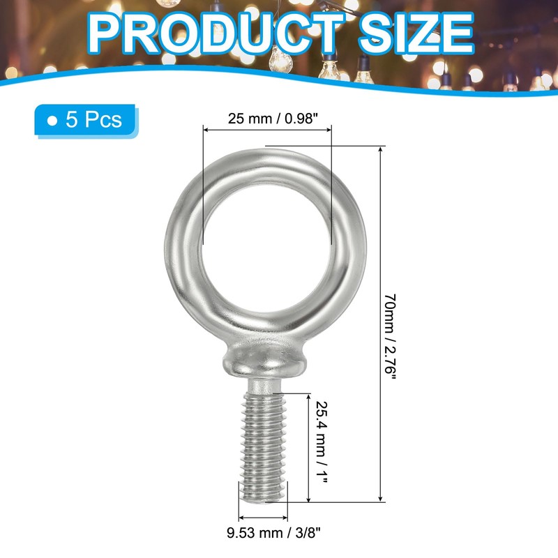PATIKIL Lifting Eye Bolts UNC3/8"-16 5pcs 316 Stainless Steel Marine
