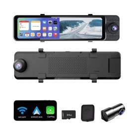 Smart Mirror Dash Camera Car Video Recorder 3 Channel on Board Camera Carplay 11'' Triple Rear View Mirror Car DVR Front Inside Rear,GPS,Night Version,WiFi,Android Auto,G-Sensor,Included 64GB Card