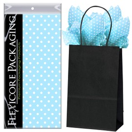 Flexicore Packaging Black Kraft Paper Gift Bags & Light Blue Gift Wrap Tissue Paper | Size: 5.25 Inch X 3.25 Inch X 8.25 Inch | Count: 50 Bags | Color: Light Blue Polka Dot
