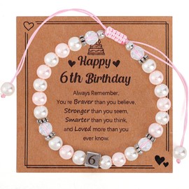 Risipu Birthday Gifts for 1-6 Year Old Girls, Pink Pearl & White Pearl Ball Bracelets Adjustable Number Bracelets with Birthday Card for Daughter Granddaughter Niece (6th)
