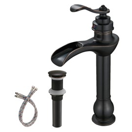 BWE Vessel Sink Faucet Oil Rubbed Bronze Waterfall Farmhouse Rustic with Pop Up Drain Assembly and Supply Hose Lead-Free Single-Handle Single Hole Bathroom Faucet Vanity Lavatory Mixer Tap Tall Body