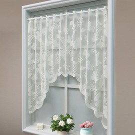 KnBoB Bistro Curtain White (100 x 150 cm) - Butterflies & Flowers, Transparent Embroidery Lace Voile, with Eyelets, Polyester - For Kitchen/Living Room