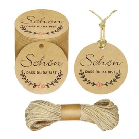 Suofuolef Pack of 100 Wedding Gift Tags, Schön dass du da bist Pendant with 10 m Jute String for Wedding Favours