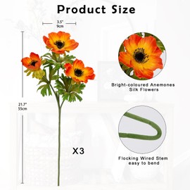 Briful Set of 3 Artificial Anemones, Artificial Flowers, Like Real Artificial Branches, Orange Spring Flowers, Length 55 cm, Decorative Flowers for Flower Arrangement, Home Resto Office Decoration