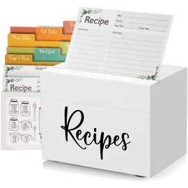 DRASTAR Recipe Box, Wooden Recipe Organizer, White Recipe Holder Box with 50 Recipe Cards 4"x6" & 6 Dividers, Recipe Book to Write in Your Own Recipes