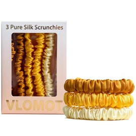 VLOMOT 3 Pcs Set 100% Pure Mulberry Silk Hair Scrunchies Hair Ties with 3 Chic Colors Everyday Skinny Scrunchies Silk Ponytail Holders Hair Care No Damage (Yellow)