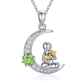 Cat Gifts for Cat Lovers Sterling Silver Moon Cat Pendant Necklace Jewelry with Birthstone Crystals, Birthday Gifts for Women Wife Girlfriend (Simulated Period)