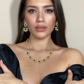 Ever Faith Flower Jewelry Set for Women, Sparkly Rhinestone Crystal Wedding Party Vintage Floral Choker Necklace Dangle Drop Earrings Sets for Cocktail Prom Party Brown