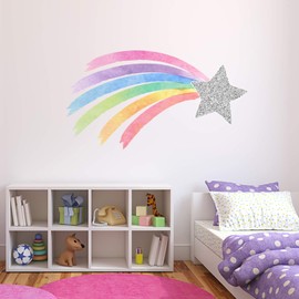 Shooting Star Rainbow Wall Decal Pastel Watercolor Unicorn Nursery Girls Bedroom Decor Silver Star & Rainbow Wall Decor ND04 (32"W x 18"H inches)