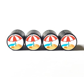 Sandy Beach with Umbrella Tire Valve Caps - Black Aluminum - Set of Four