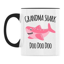 Exxtra Gifts Grandma Shark Mug - Grandmother Mug - Grandma Doo Doo Cup From Grandkids - Grammy Birthday 11 oz Two-Toned White With Black Handle and Inside Mug
