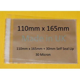 celloexpress 110mm x 165mm Cello + 30mm Flap - Cellophane Display Bags Self Seal 30 Micron - Small Cello - Pack of 250
