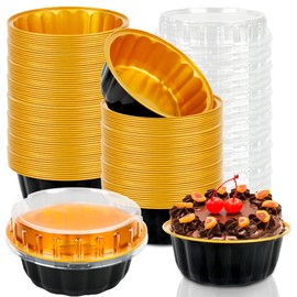 120 Pack Disposable Ramekins with Lids 8 oz Dessert Cups Black Gold Aluminum Foil Cups Brulee Muffin Cupcake Baking Cup for Party Wedding Birthday