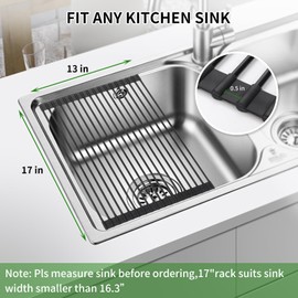 ZEINLAM Roll Up Tableware Drying Rack with Silicone Wrapped Around The Sink.Multi Purpose Foldable Sink Drying Mat,Anti Slip Kitchen Tableware Rack (Black, 16.93" x 13")